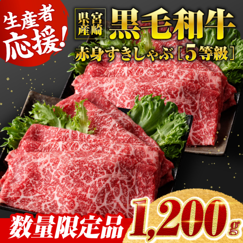 生産者応援！5等級宮崎県産和牛赤身（ウデまたはモモ）すきしゃぶ　1,200g（通常1,000g+200g）【 数量限定 牛肉 牛 肉 5等級 牛肉 すき焼き すきやき 牛肉 しゃぶしゃぶ スライス 生産者応援企画！ 】 607626 - 宮崎県川南町
