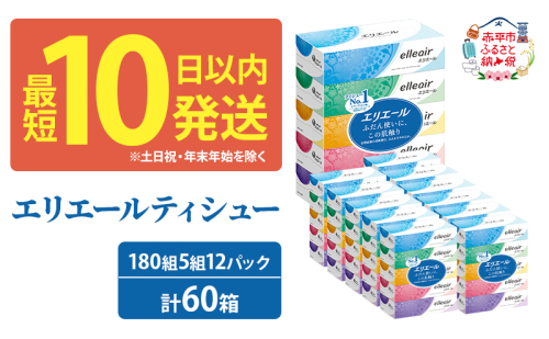エリエール ティシュー 180組5箱 12パック 計60箱 最短 10日以内 箱ティッシュ ボックスティッシュ まとめ買い ペーパー 紙 防災 常備品 備蓄品 消耗品 備蓄 日用品 生活必需品 送料無料 北海道 赤平市  66410 - 北海道赤平市