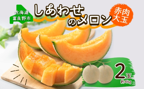 ＜2026年発送 先行受付＞ふらの産 しあわせのメロン 赤肉 大玉 2玉 計4kg メロン 富良野メロン 赤肉メロン 果物 フルーツ 甘い デザート ギフト 贈答 送料無料 ウエノ農園 北海道 富良野市 825733 - 北海道富良野市