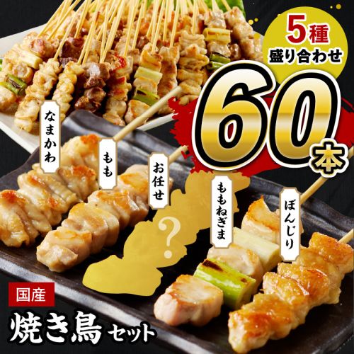 焼き鳥 60本 ／国産焼き鳥セット 5種盛り合わせ60本 バラエティ 焼き鳥 セット ＜もも串焼き鳥／ねぎま焼き鳥／かわ焼き鳥／ テール（ぼんじり焼き鳥）串焼き鳥・冷凍焼き鳥・焼き鳥詰め合わせ・焼き鳥小分け＞ 835316 - 京都府京丹後市
