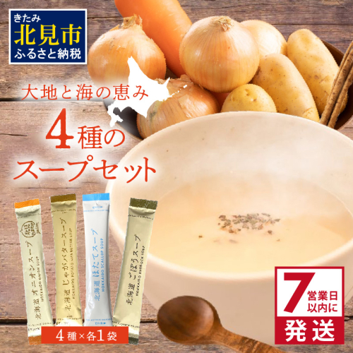 《7営業日以内に発送》大地と海の恵み北海道スープ 4種セット ( スープ たまねぎ オニオン じゃがいも じゃがバタ こんぶ ほたて 帆立 野菜 小分け )【125-0078】 839430 - 北海道北見市