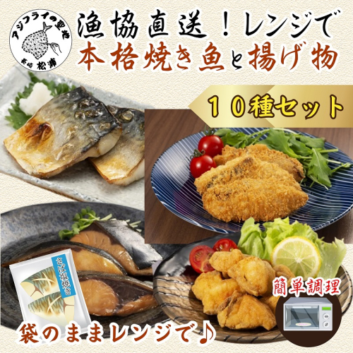 漁協直送！レンジで本格焼き魚と揚げ物10種セット ( 焼き魚 揚げ物 レンジで簡単 サバ さば ぶり ブリ ふぐ フグ ヒラマサ フライ 唐揚げ みりん焼き )【C3-029】 888099 - 長崎県松浦市