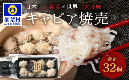 【日本三大秘境×世界三大珍味】平家キャビアが焼売に！！キャビア焼売 8個入り×4パック 合計32個［宮崎 椎葉 国産 ちょうざめ チョウザメ しゅうまい シュウマイ 焼売 キャビア クリーミー ギフト 記念日 誕生日 お酒 魚介 珍味 加工品 冷凍 高級 贅沢 お取り寄せ ディナー パーティー おつまみ グルメ ギフト お祝い 贈り物 贈答 桐箱 希少］【SZ-133】 956729 - 宮崎県椎葉村