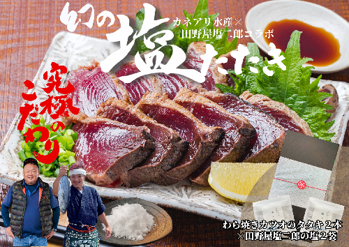 【四国一小さなまち】 ★カネアリ水産★ 幻の塩たたき ～ わら焼きカツオのたたき２節 × 田野屋塩二郎の塩２袋 ～ 969689 - 高知県田野町