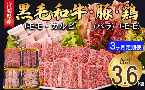 牛肉 3回 定期便 宮崎県産 焼肉 セット 黒毛和牛カルビ 豚バラ 若鶏モモ 各 300g 計 1.2kg ×3回 [サンアグリフーズ 宮崎県 美郷町 31ba0036] 小分け 冷凍 BBQ 詰め合わせ 経産牛 もも肉 モモ 牛 豚 鶏 カルビ バラ肉 986929 - 宮崎県美郷町